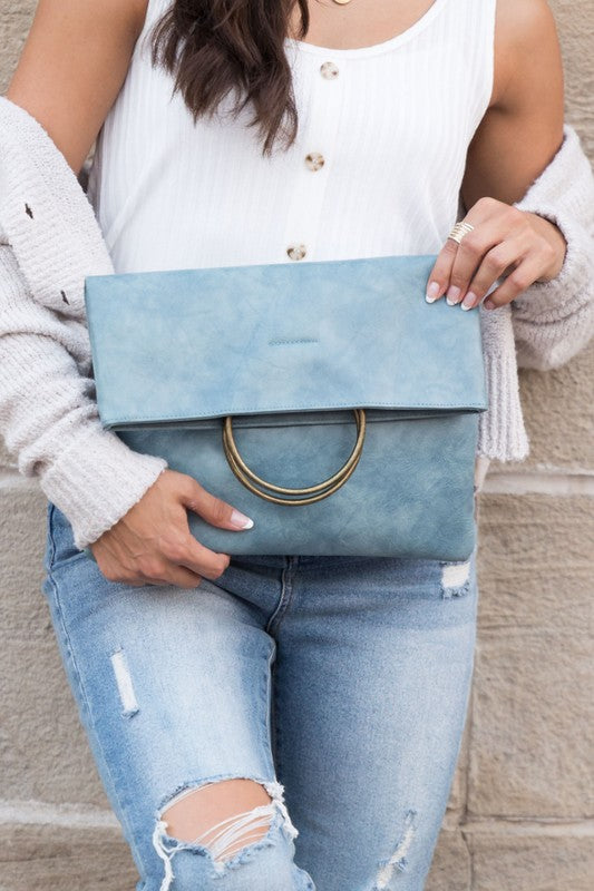 Fold-over Leather Clutch Handbag