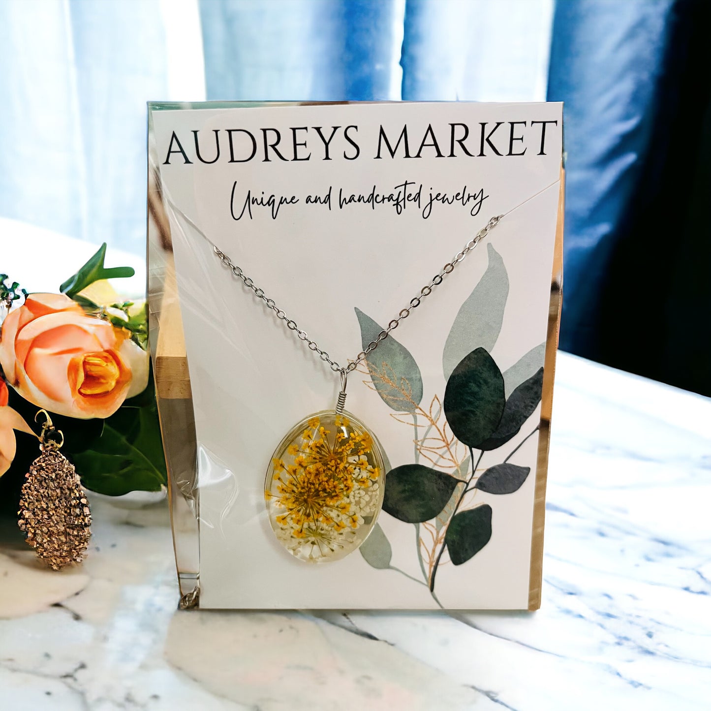 Pressed Flower Resin Botanical Glass Necklace in 3 Styles - Yellow Wildflower, Yellow Poppies, & Purple Poppy Design