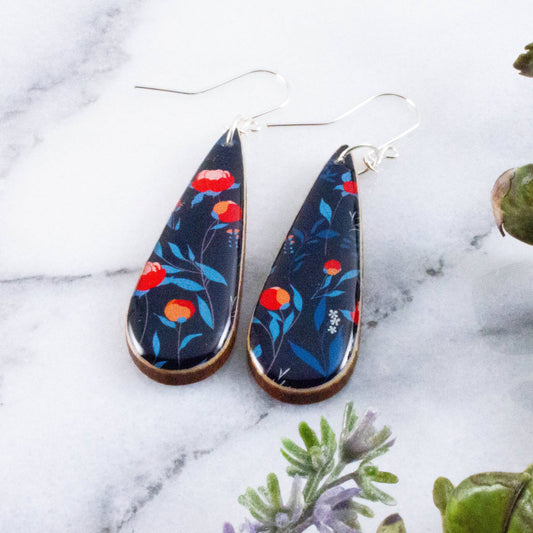 Teardrop Navy + Red Modern Peony Earrings