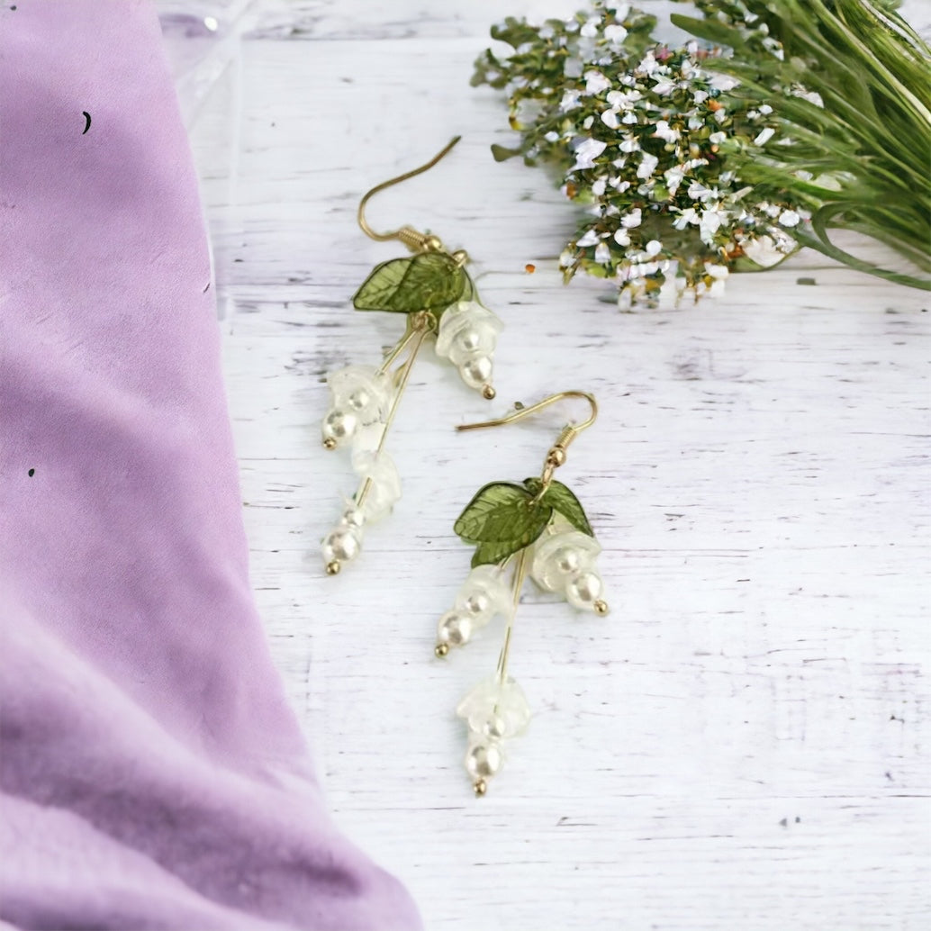 Lily Of The Valley White + Green Dangle Earrings