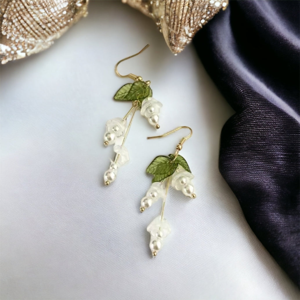 Lily Of The Valley White + Green Dangle Earrings