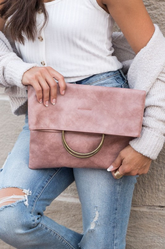 Fold-over Leather Clutch Handbag