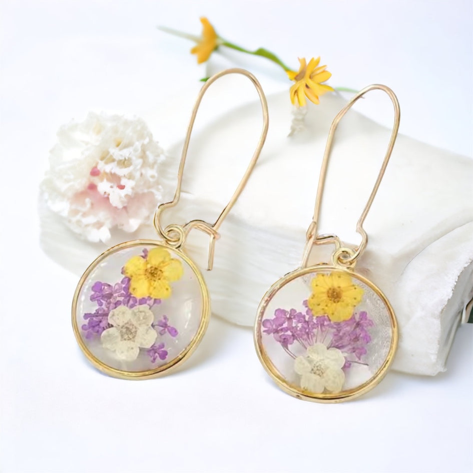 Resin Pressed Flowers Dangle Lavender + Yellow Earrings