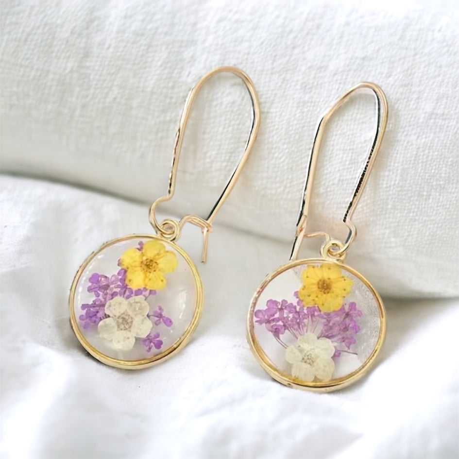 Resin Pressed Flowers Dangle Lavender + Yellow Earrings