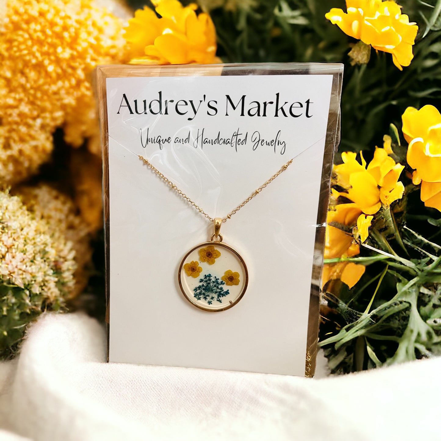 Pressed Flower Resin Botanical Glass Necklace in 3 Styles - Yellow Wildflower, Yellow Poppies, & Purple Poppy Design