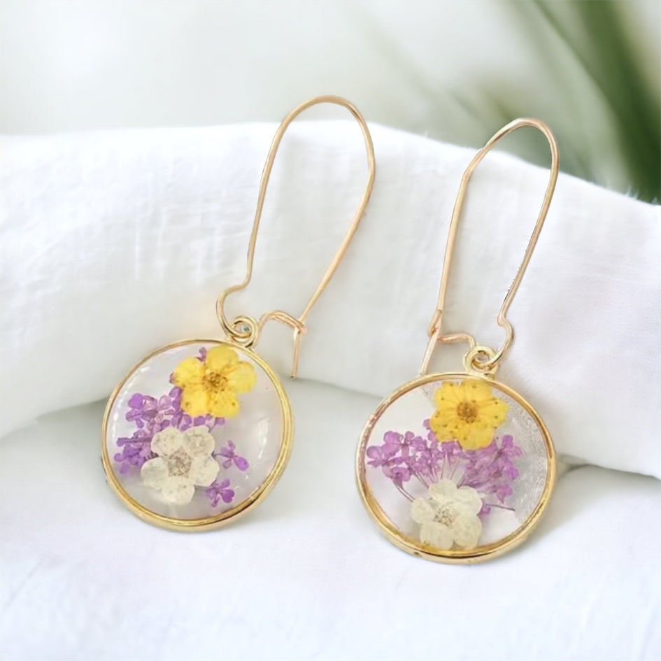 Resin Pressed Flowers Dangle Lavender + Yellow Earrings