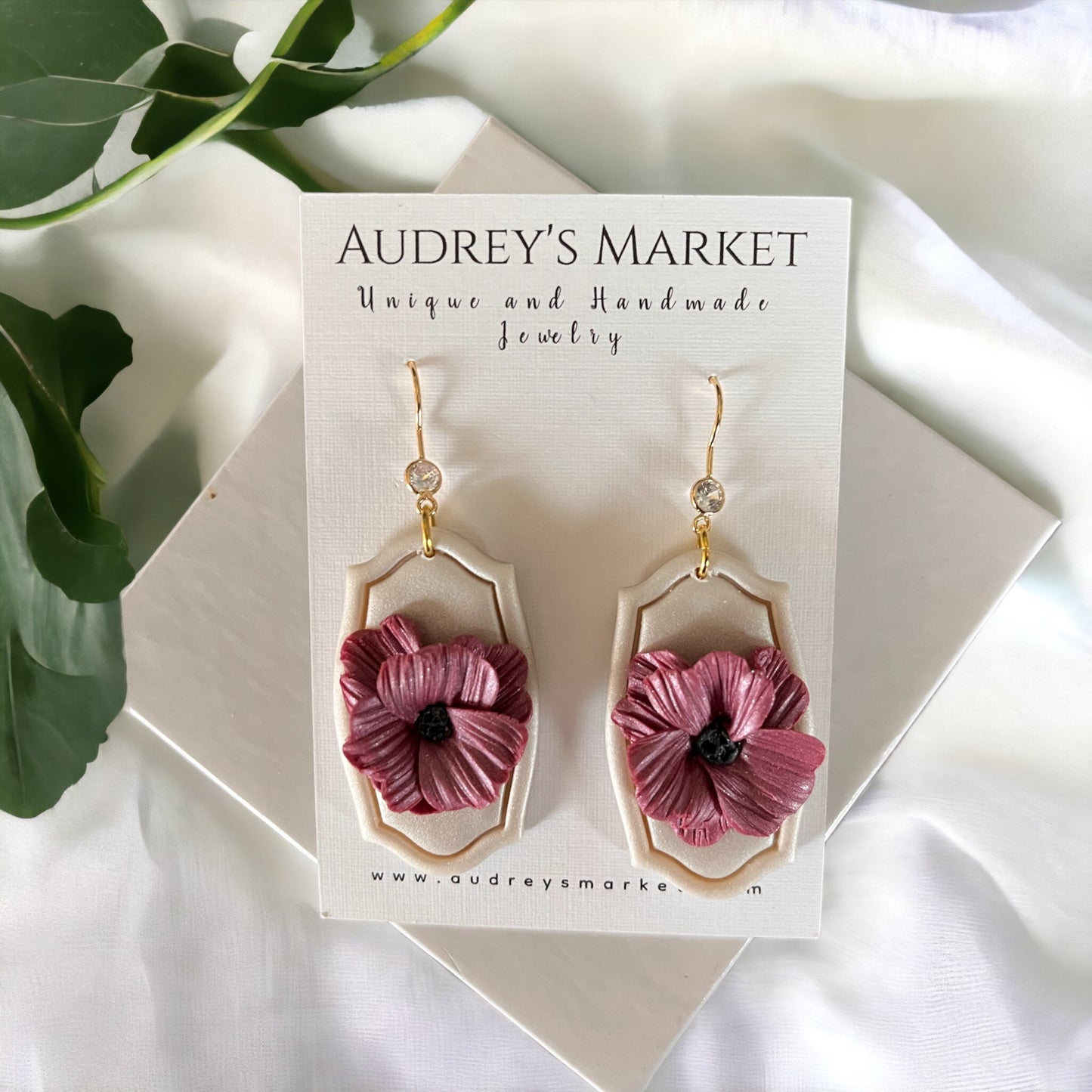 Handmade Deep Purple & Ivory Floral Clay Earrings
