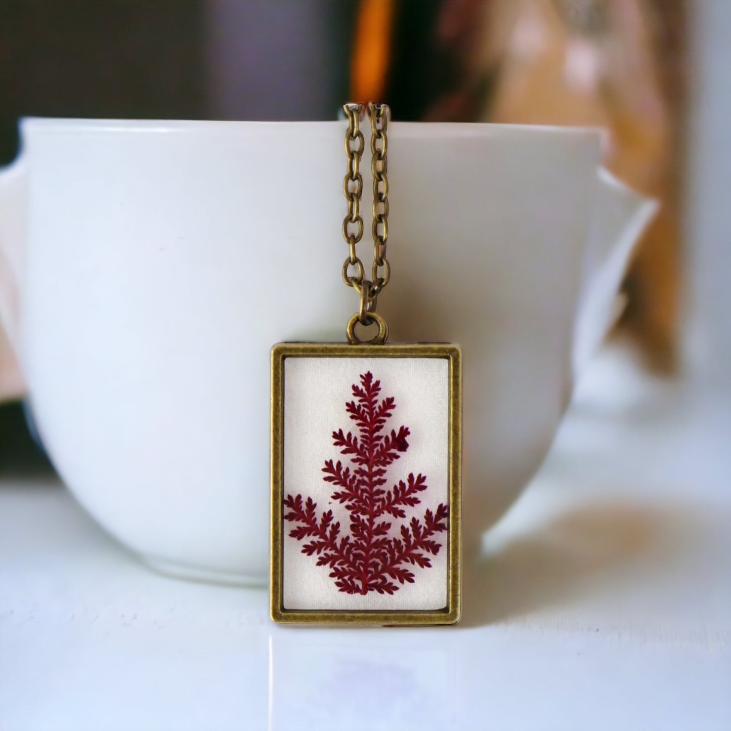 Pressed Dried Flower Botanical Resin Necklace - Green Fern or Red Flower + FREE GIFT BOX!