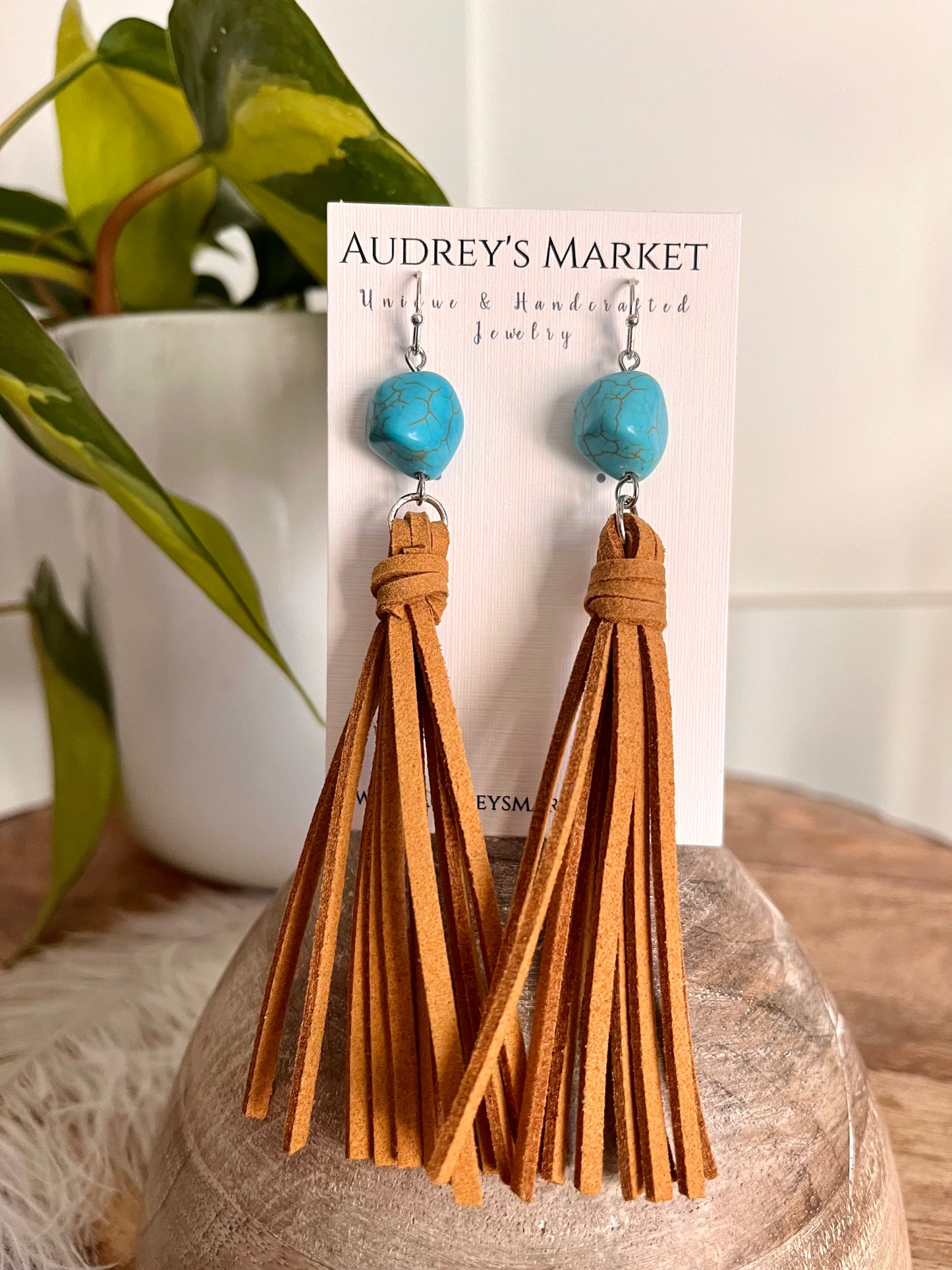 Long Brown Suede Tassel Earrings with Turquoise Stone