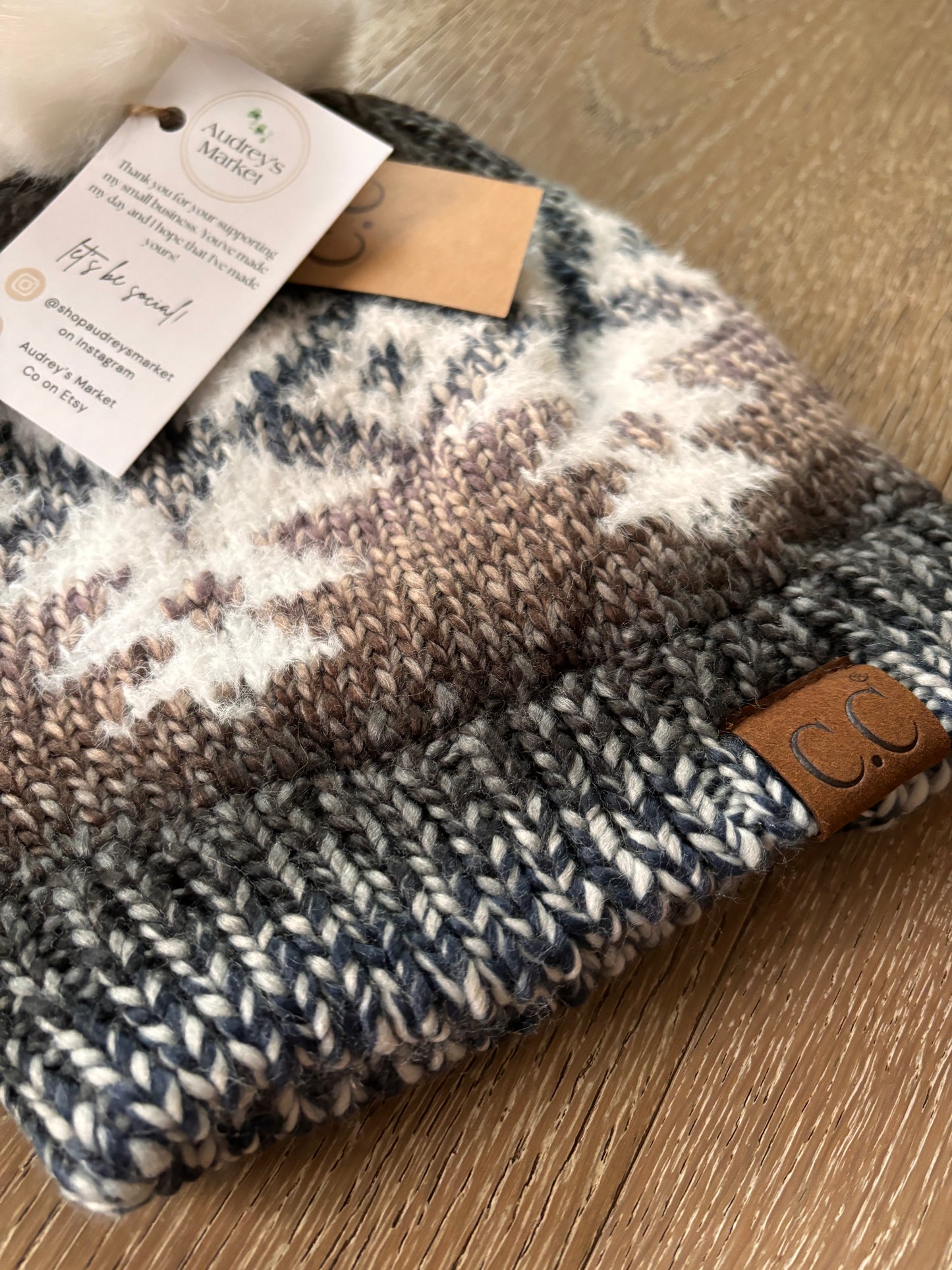 Womens C.C Aztec Patterned Faux Fur Pom Beanie Hat