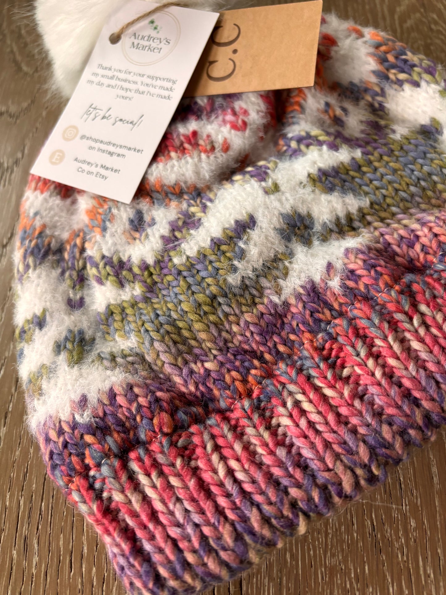 Womens C.C Aztec Patterned Faux Fur Pom Beanie Hat