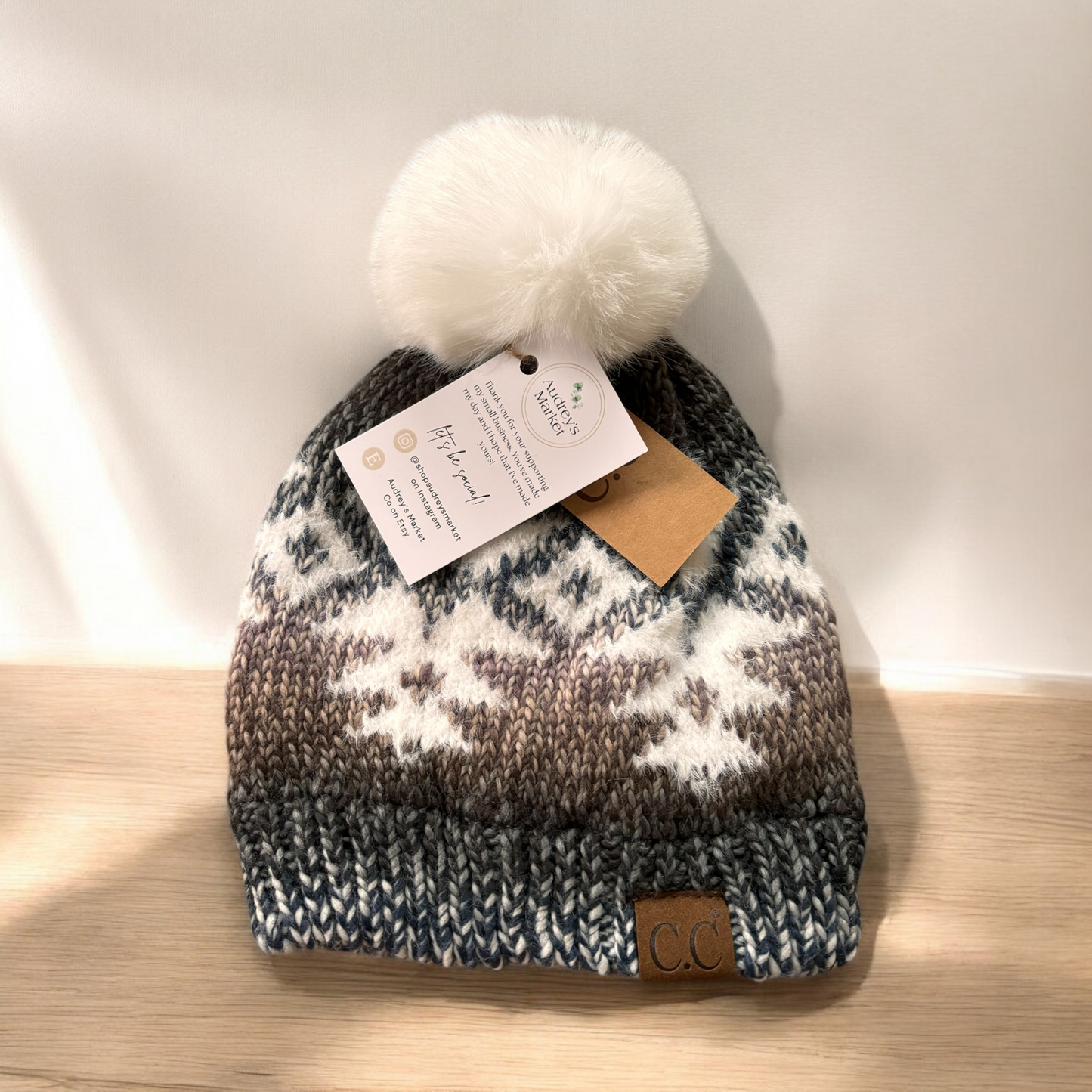 Womens C.C Aztec Patterned Faux Fur Pom Beanie Hat