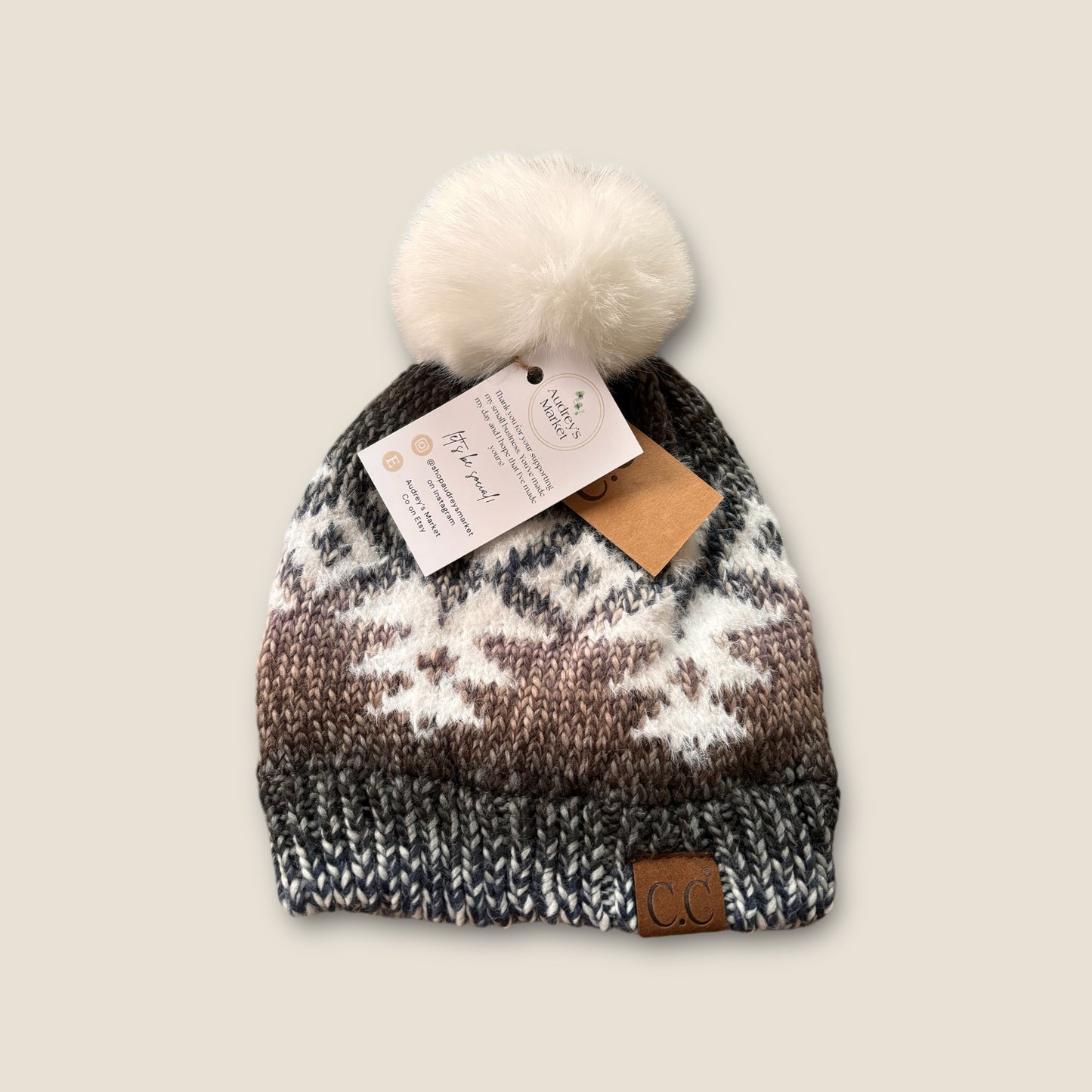 Womens C.C Aztec Patterned Faux Fur Pom Beanie Hat