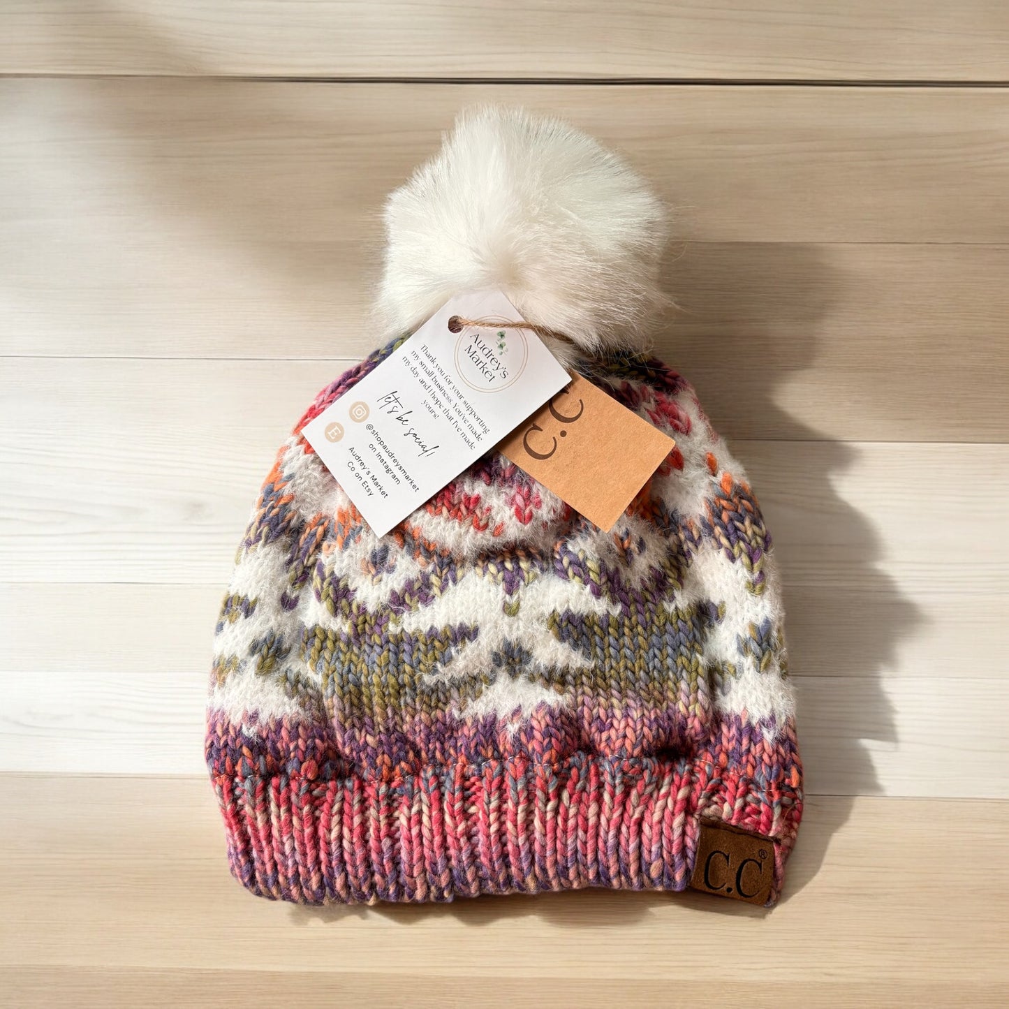 Womens C.C Aztec Patterned Faux Fur Pom Beanie Hat