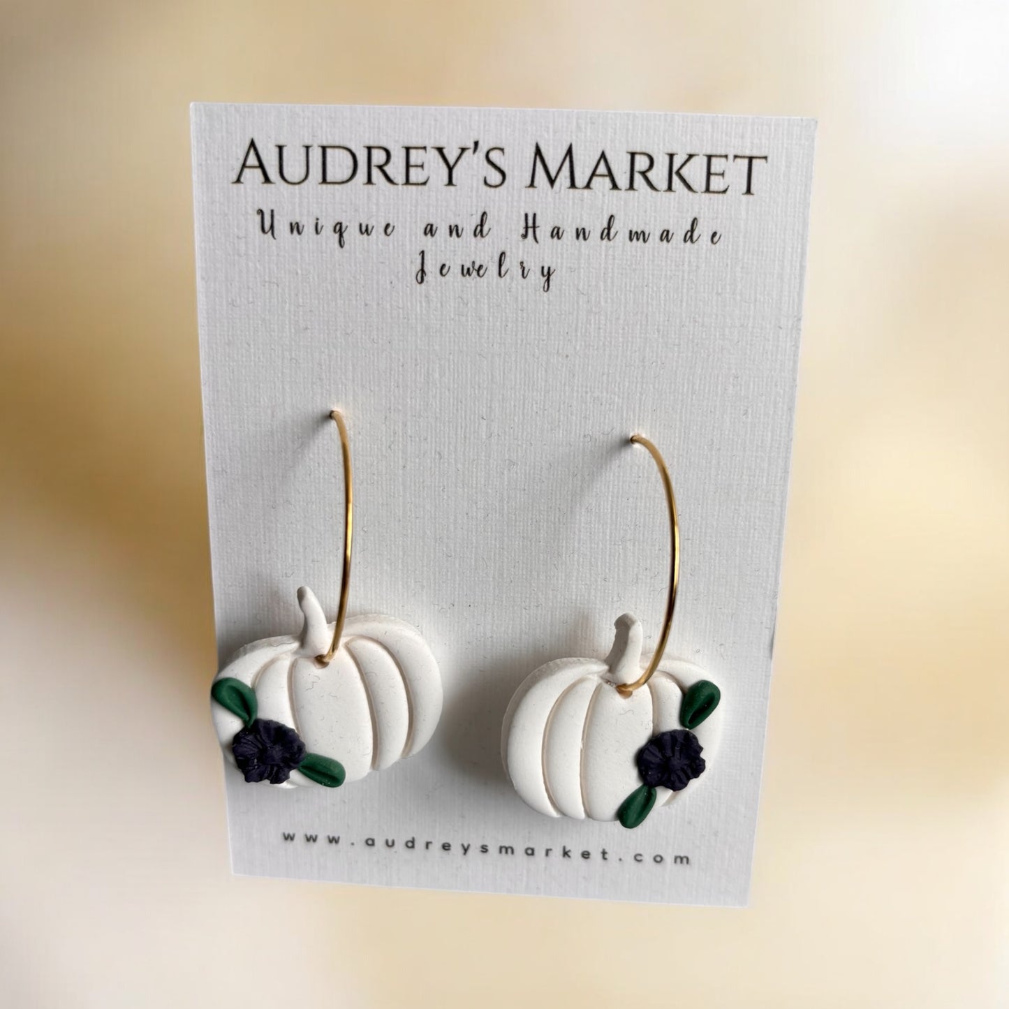 Floral White Pumpkin Clay Gold Hoop Earrings