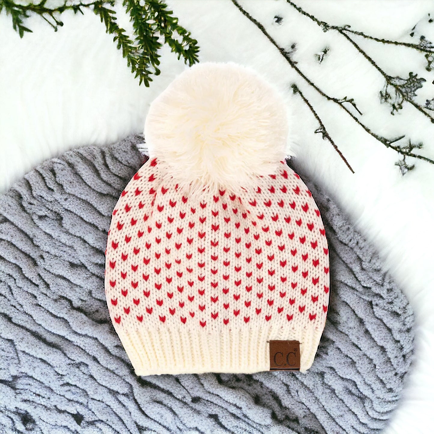 NEW CC Exclusive Womens Pom Knit Hearts Beanie - 4 Cute Styles!