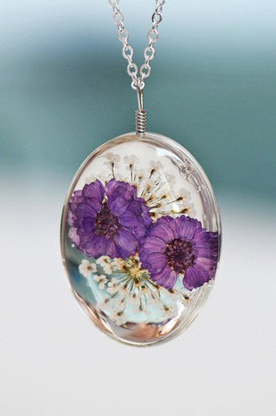 Purple Oval Pressed Flower Botanical Necklace