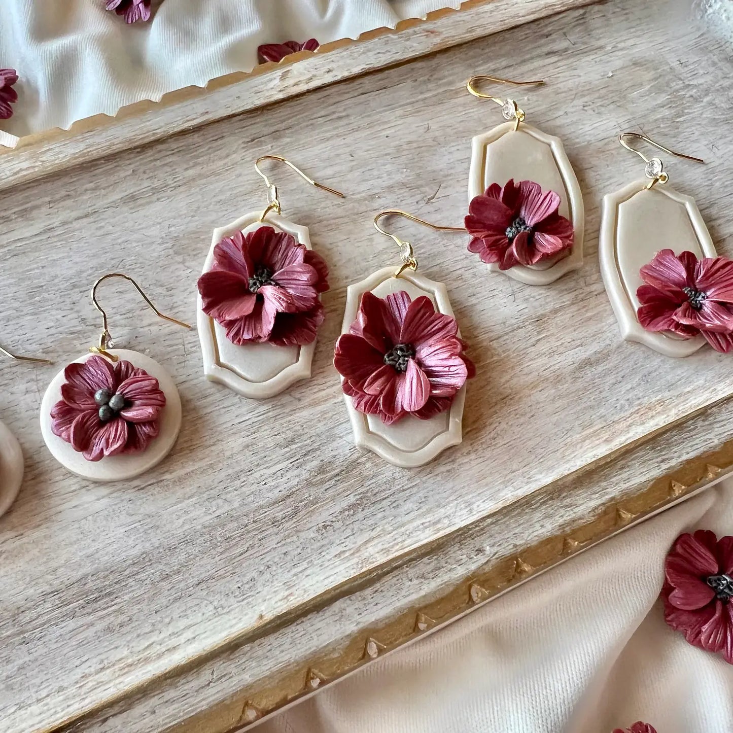 Handmade Deep Purple & Ivory Floral Clay Earrings
