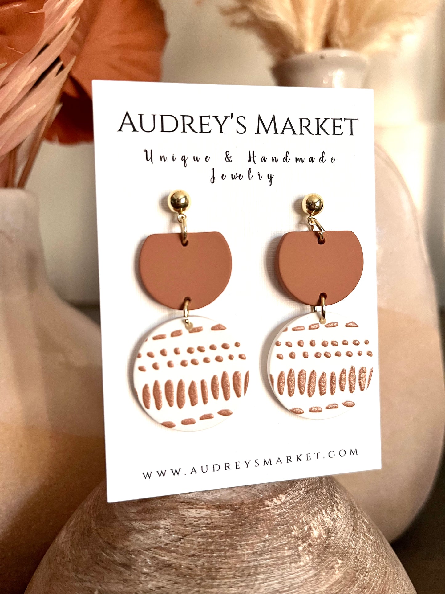 Boho Polymer Clay Brown/Cream Dangle Earrings