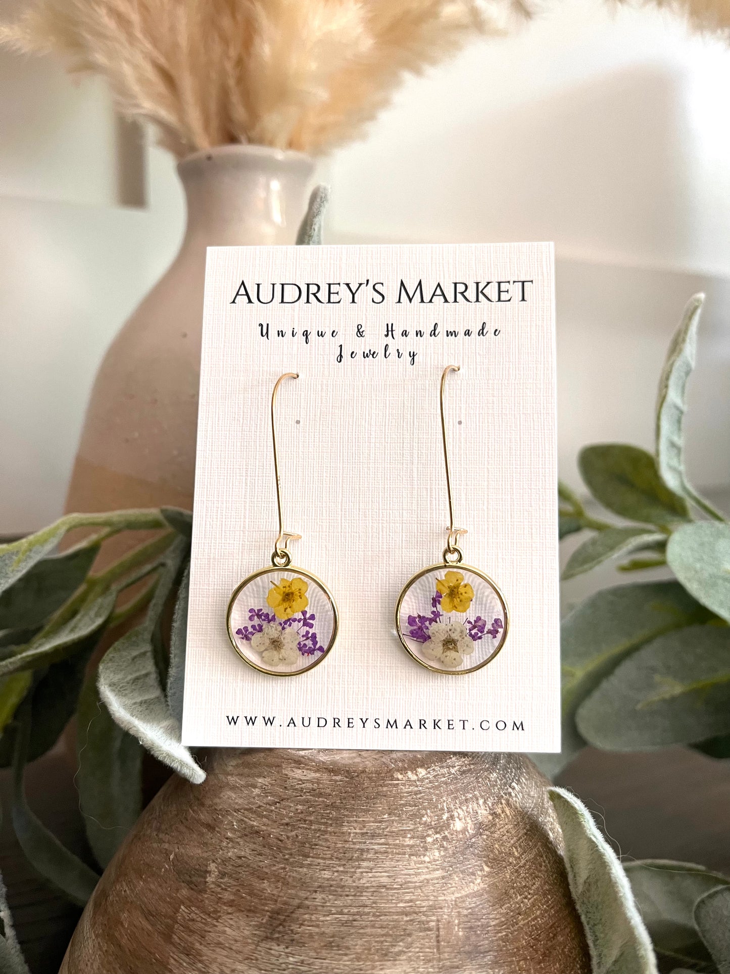 Resin Pressed Flowers Dangle Lavender + Yellow Earrings
