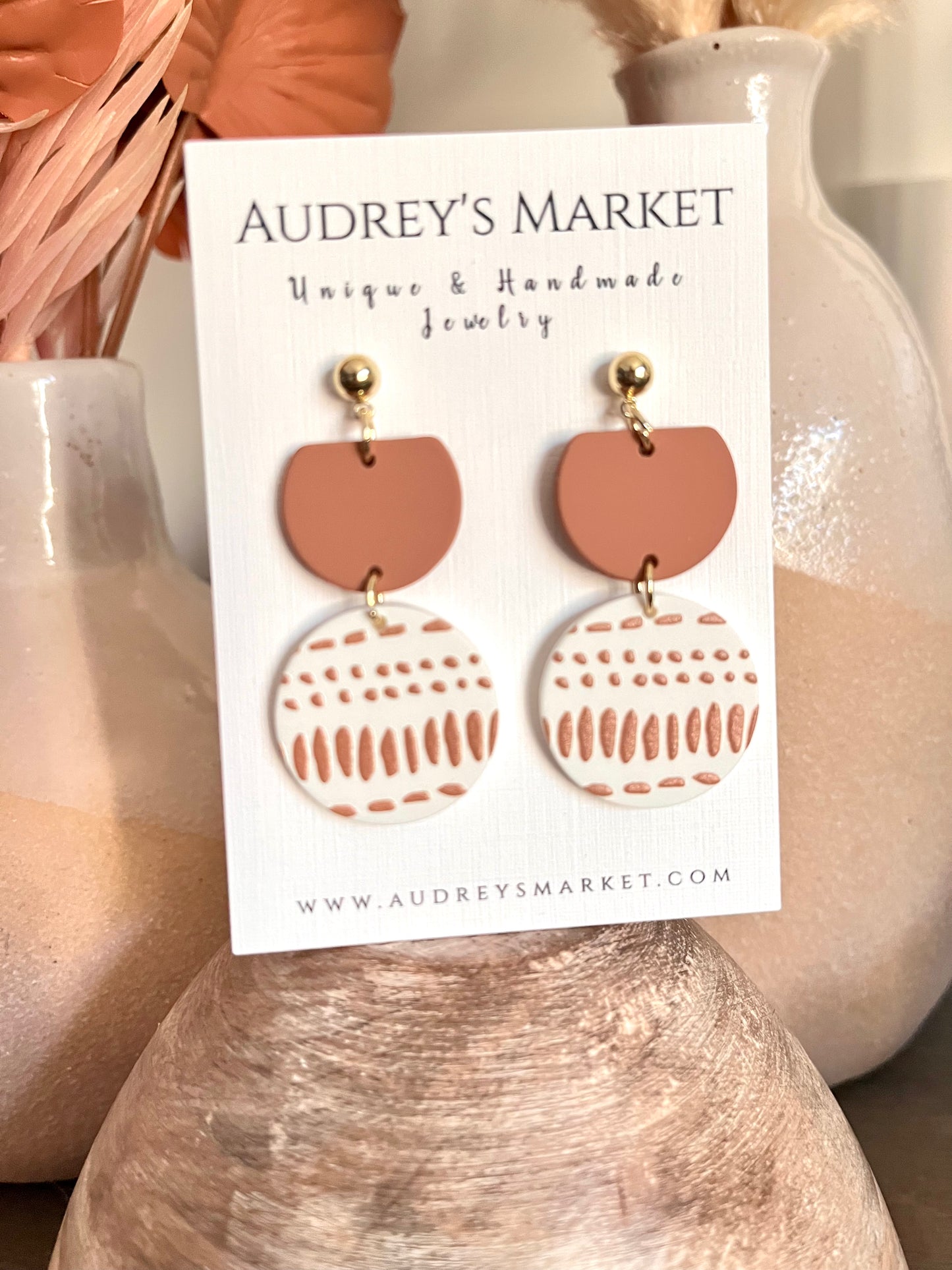 Boho Polymer Clay Brown/Cream Dangle Earrings