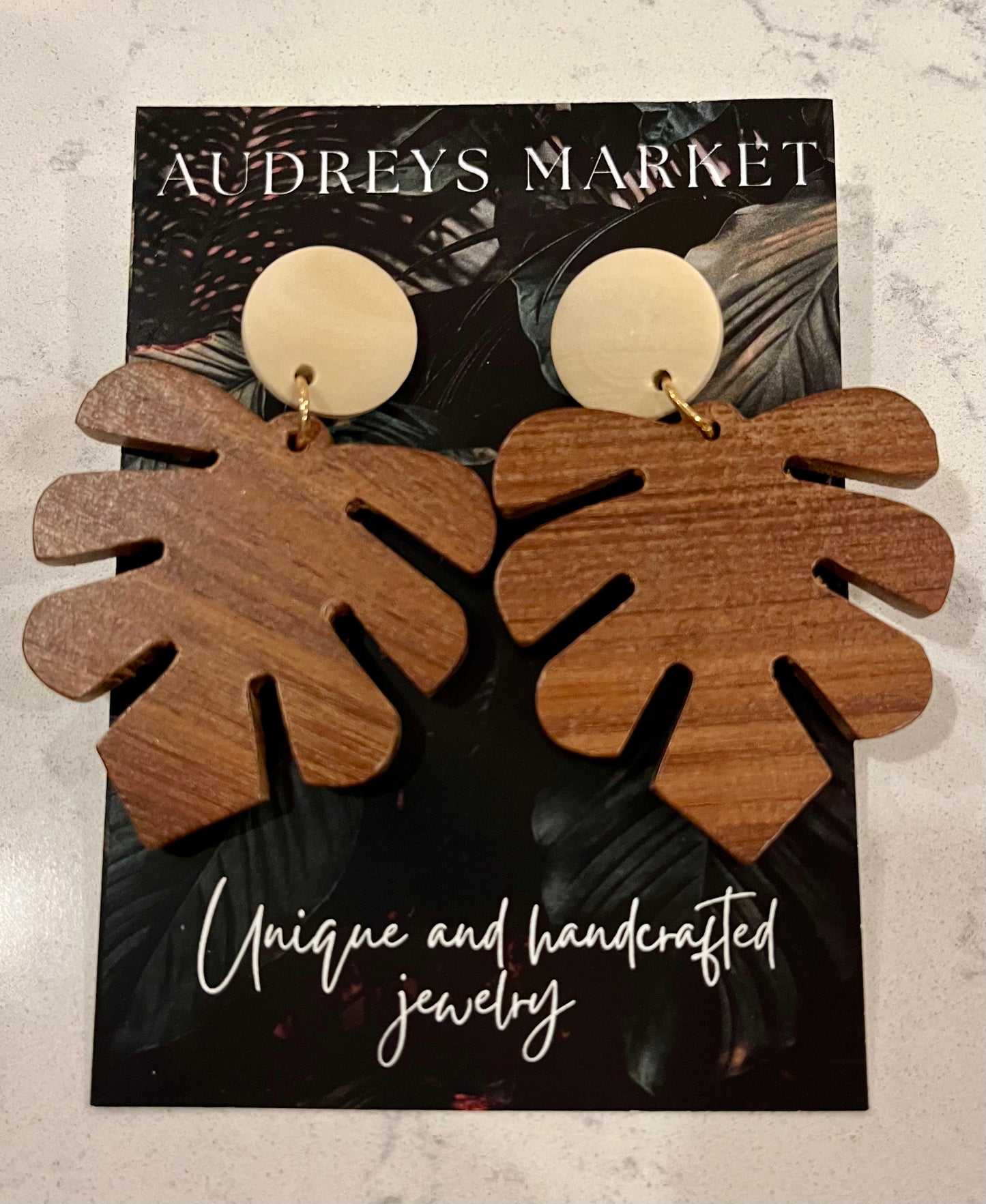Wood Monstera Statement Earrings