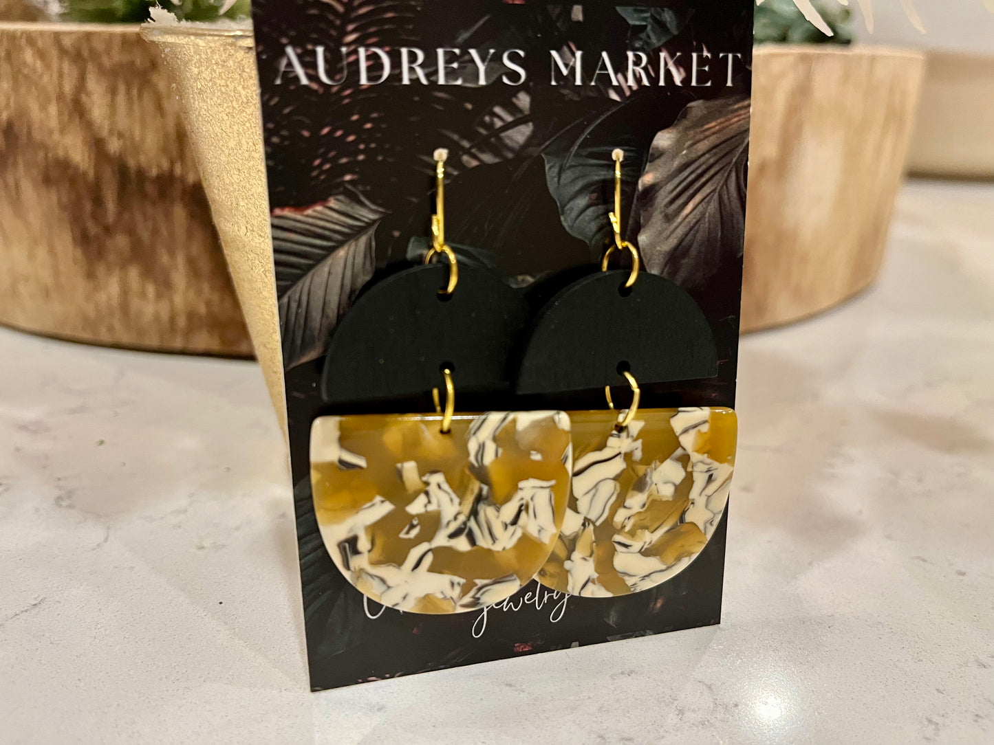 Mustard Yellow Wood and Acrylic Deco Drop Statement Earrings