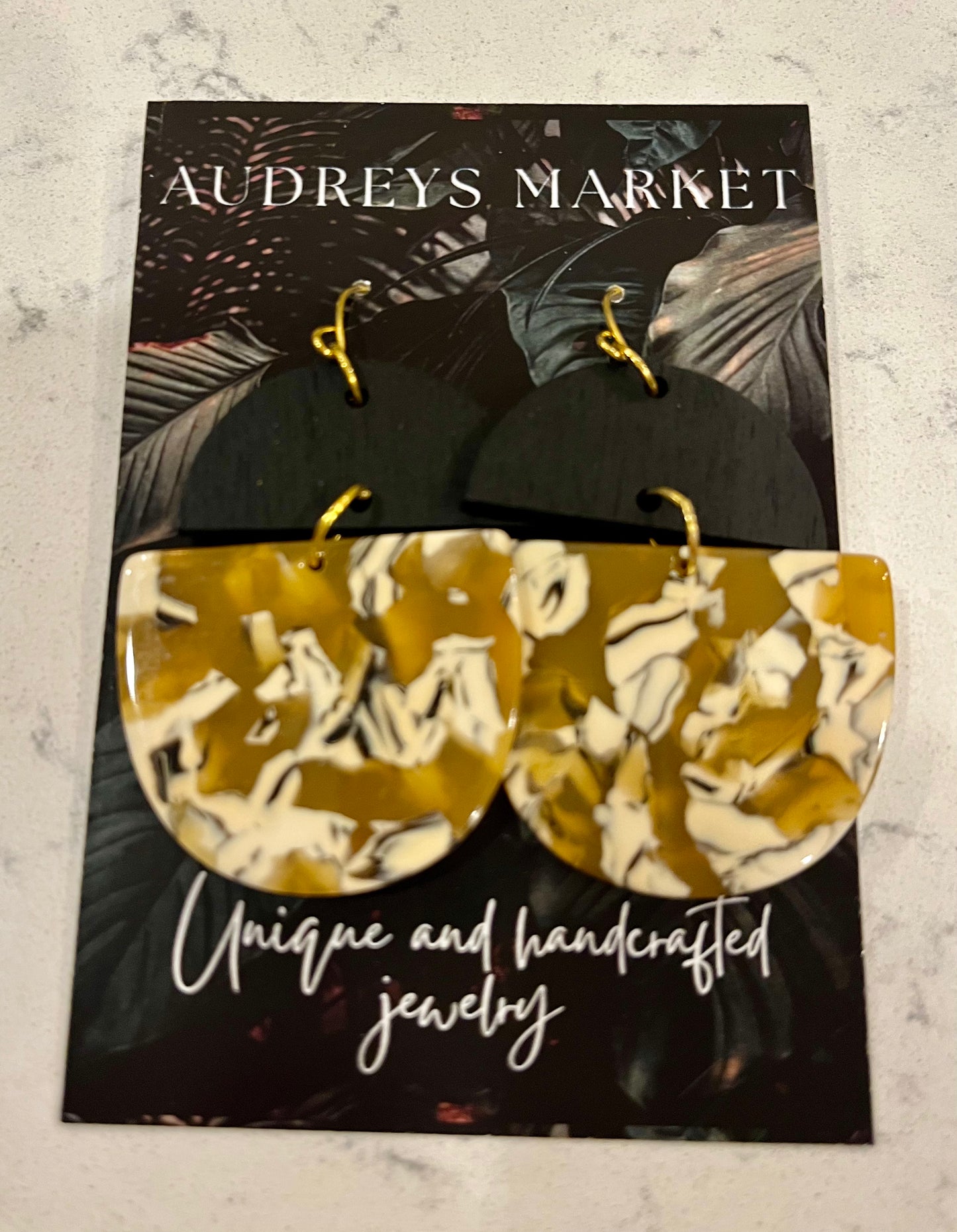 Mustard Yellow Wood and Acrylic Deco Drop Statement Earrings