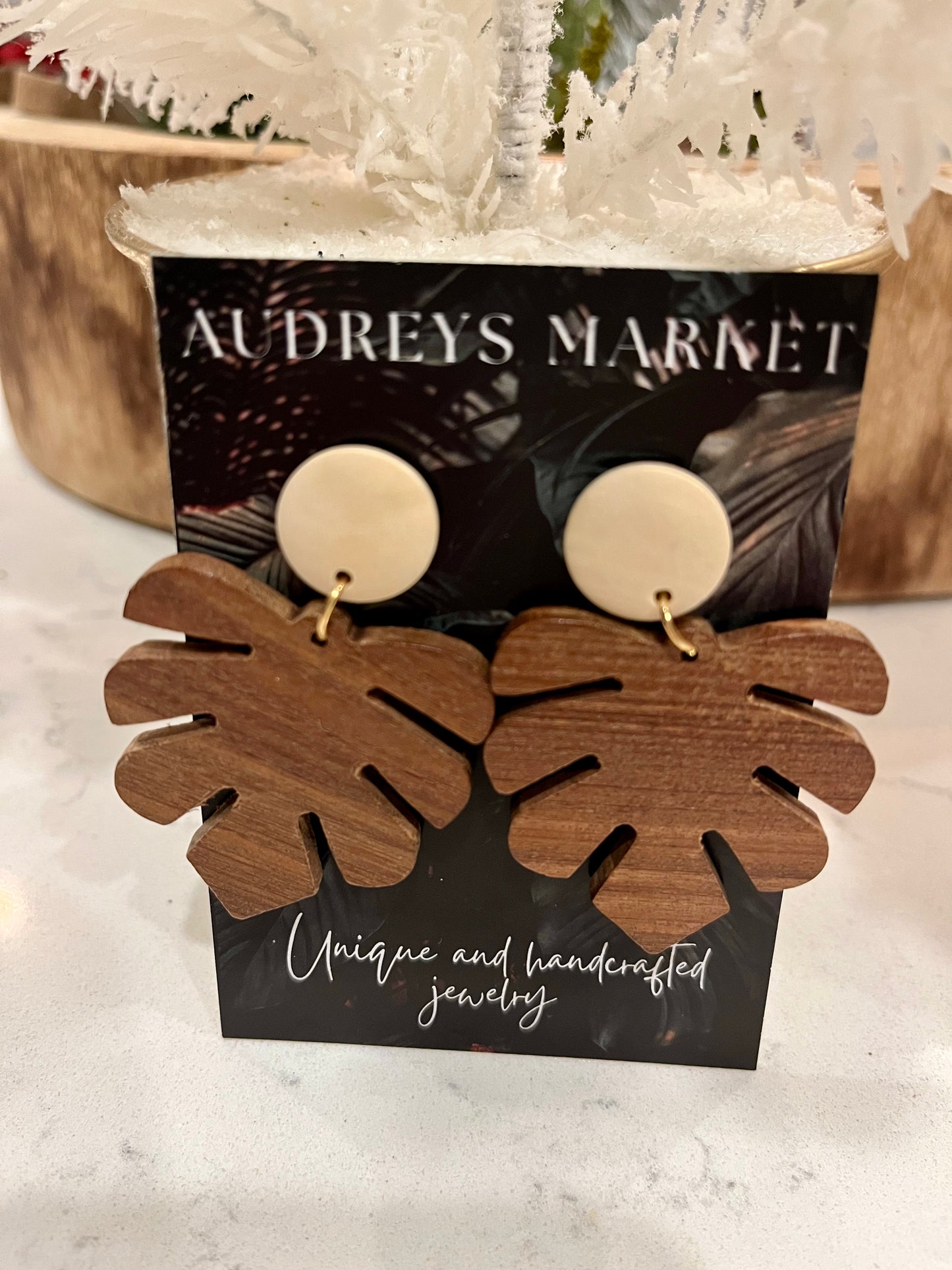 Wood Monstera Statement Earrings