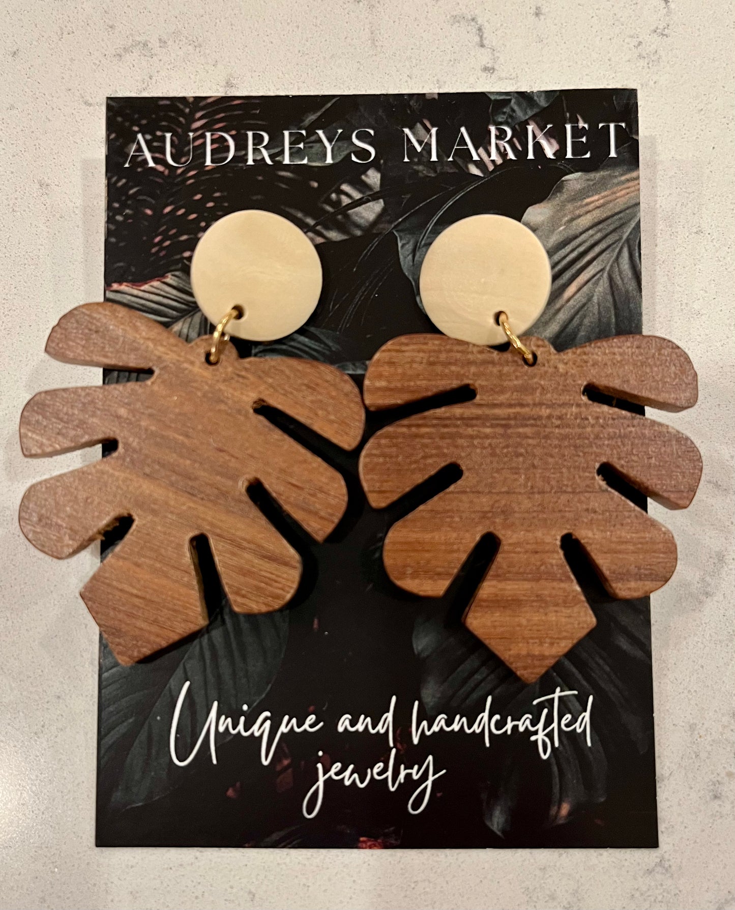 Wood Monstera Statement Earrings