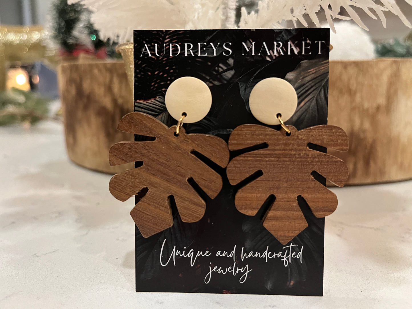 Wood Monstera Statement Earrings