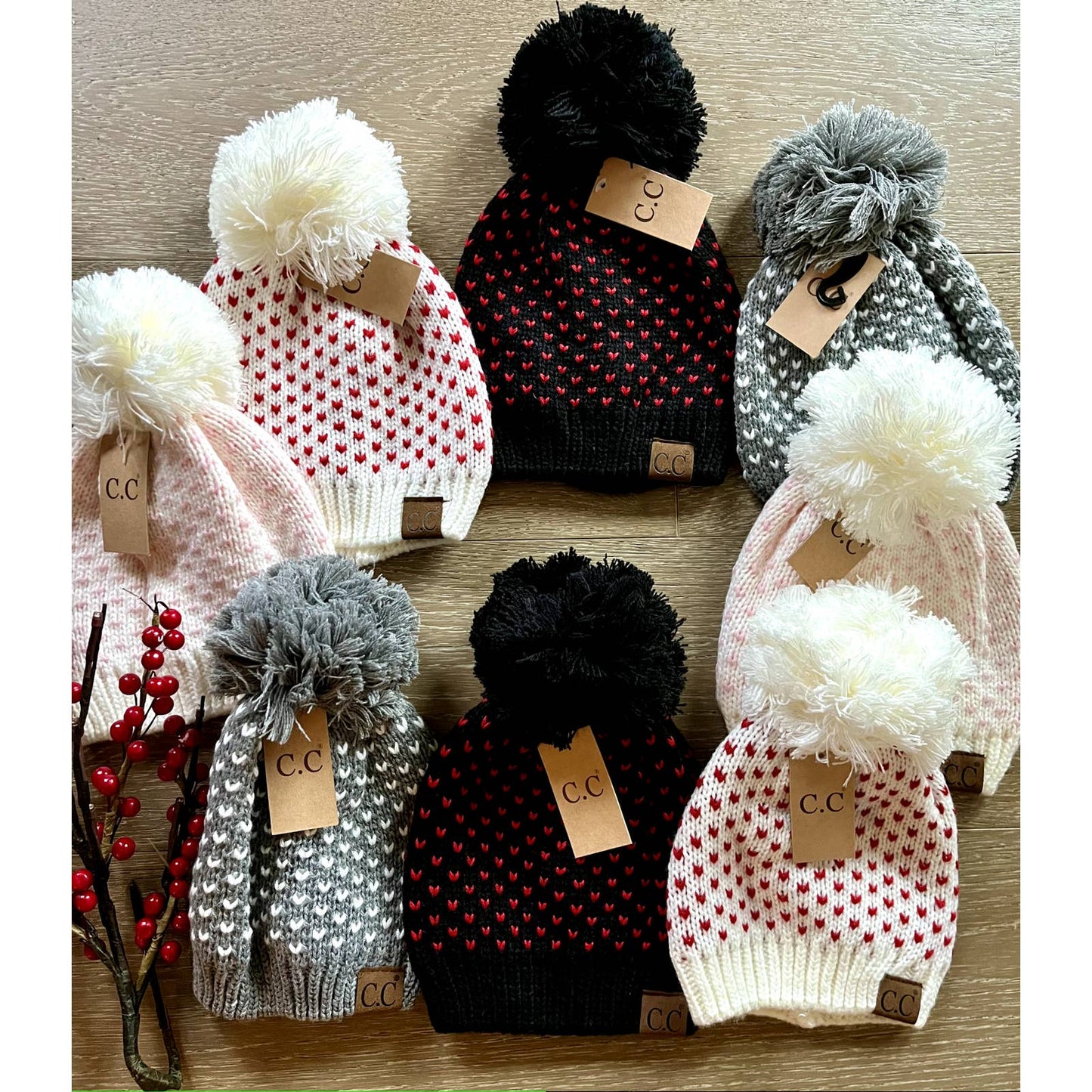 NEW CC Exclusive Womens Pom Knit Hearts Beanie - 4 Cute Styles!