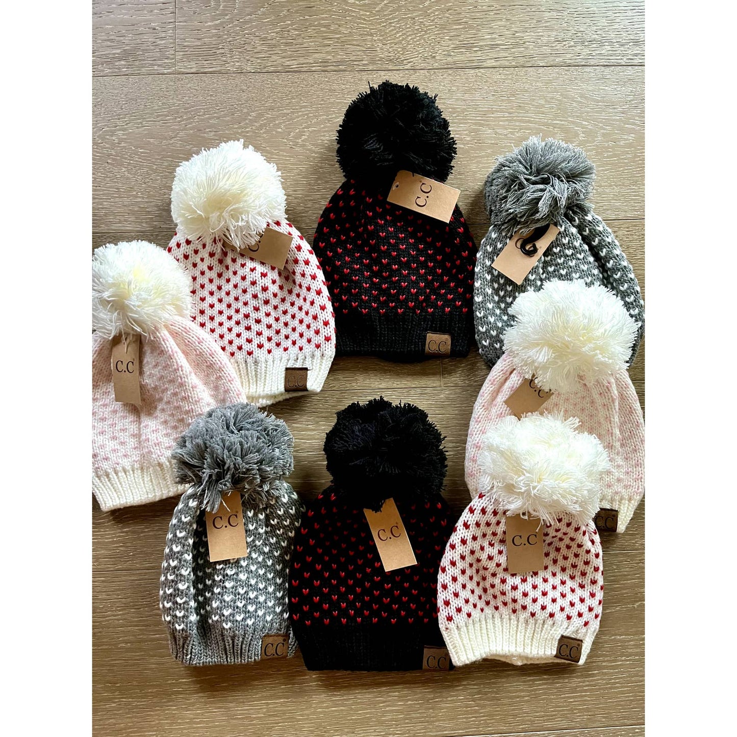 NEW CC Exclusive Womens Pom Knit Hearts Beanie - 4 Cute Styles!