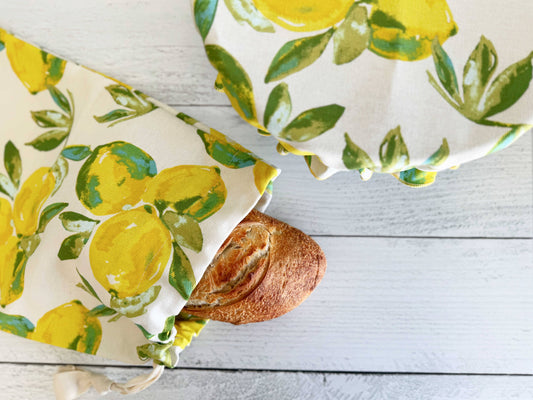 Lemon Bread Bag + Bowl Cover Set | Reusable Linen Citrus Kitchen Duo