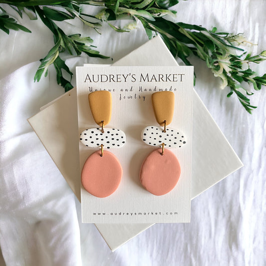 Indie Butterscotch + Coral Polka Dot Clay Earrings - Comes in Gold or SIlver