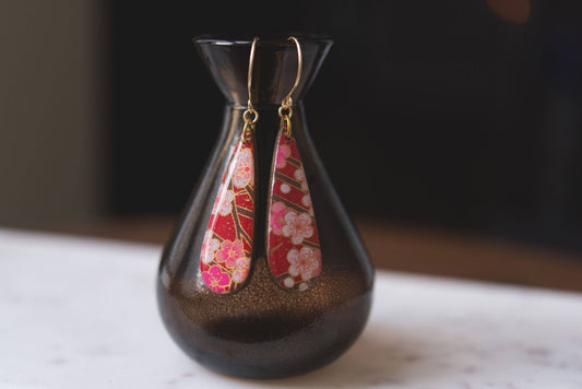 Teardrop Red Cherry Blossom Earrings