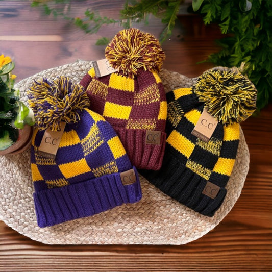 Checkered Colorblock C.C. Beanies With Pom