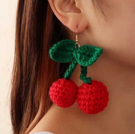 Crochet Wool Knit Cherries Dangle Oversized Earrings