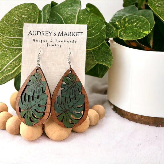 Wooden Green + Brown Monstera Plant Earrings