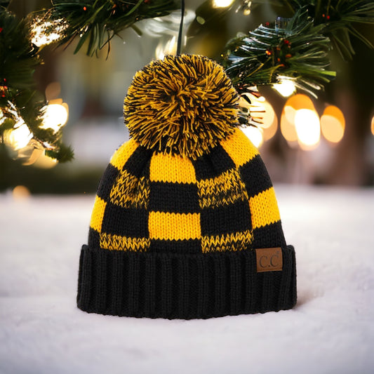 Checkered Colorblock C.C. Beanies With Pom