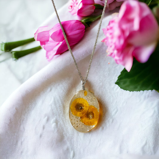 Pressed Flower Resin Botanical Glass Necklace in 3 Styles - Yellow Wildflower, Yellow Poppies, & Purple Poppy Design