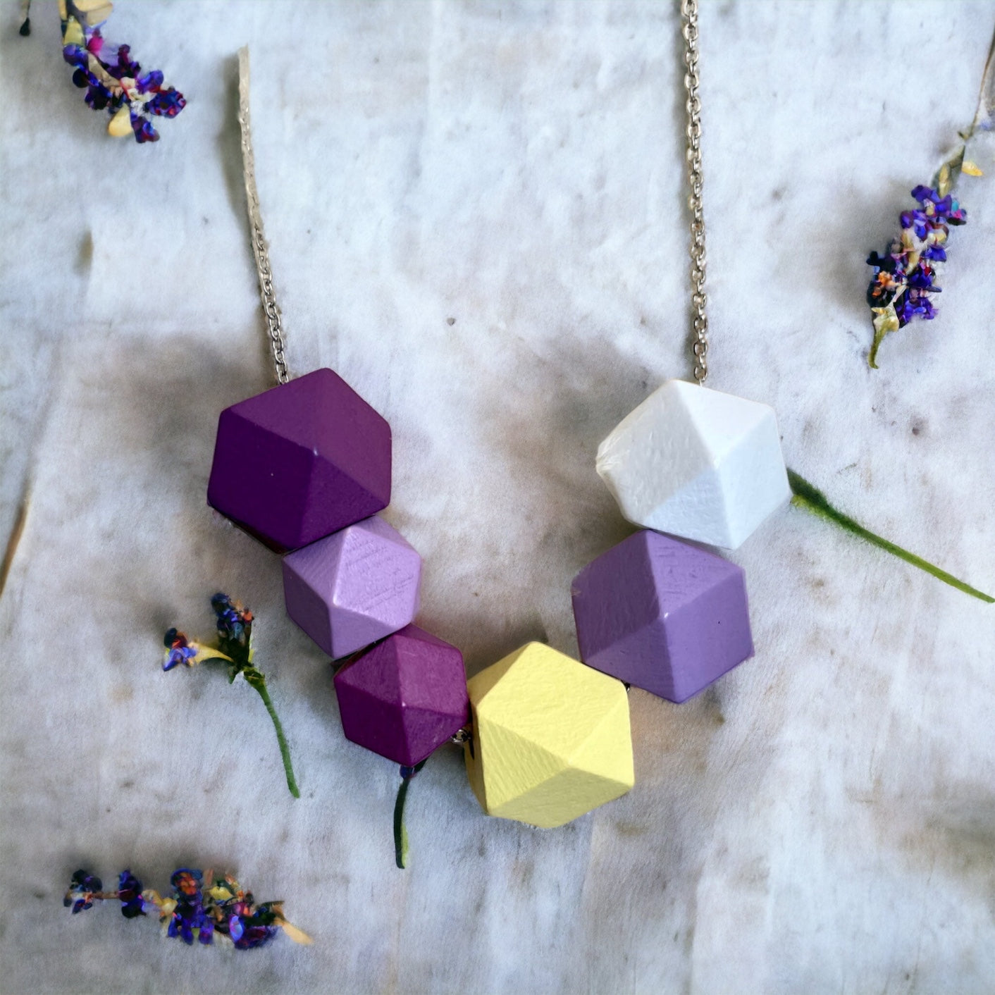 Handmade Wooden Geometric Statement Necklace Purple Gray