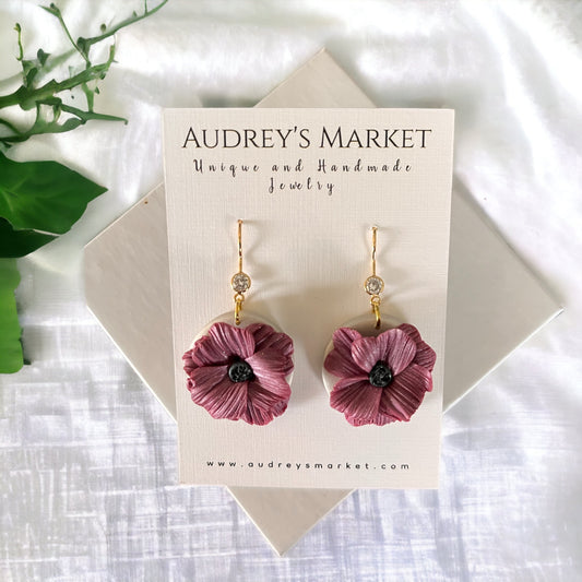 Handmade Deep Purple & Ivory Floral Clay Earrings