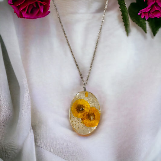 Pressed Flower Resin Botanical Glass Necklace in 3 Styles - Yellow Wildflower, Yellow Poppies, & Purple Poppy Design