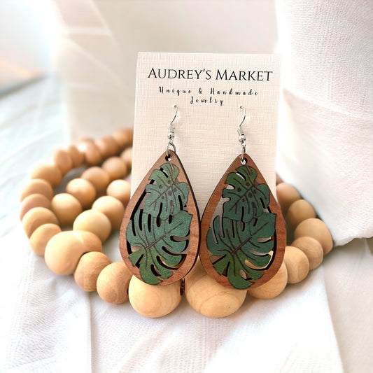 Wooden Green + Brown Monstera Plant Earrings