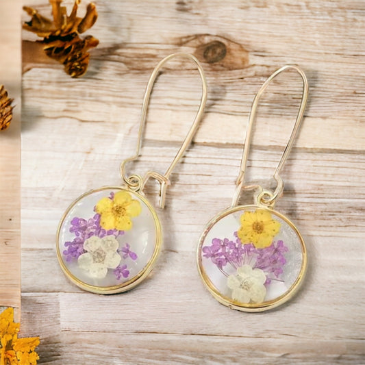Resin Pressed Flowers Dangle Lavender + Yellow Earrings