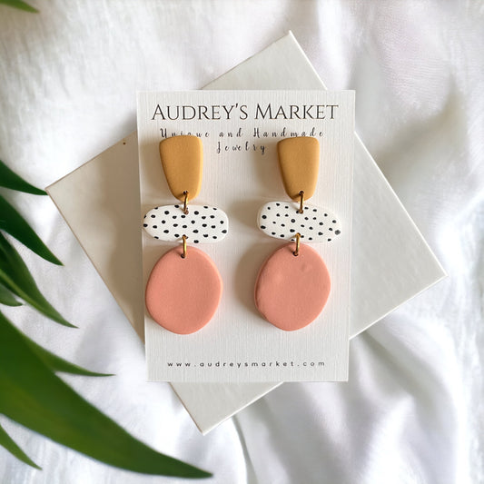 Indie Butterscotch + Coral Polka Dot Clay Earrings - Comes in Gold or SIlver