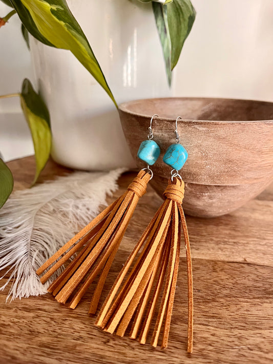 Long Brown Suede Tassel Earrings with Turquoise Stone