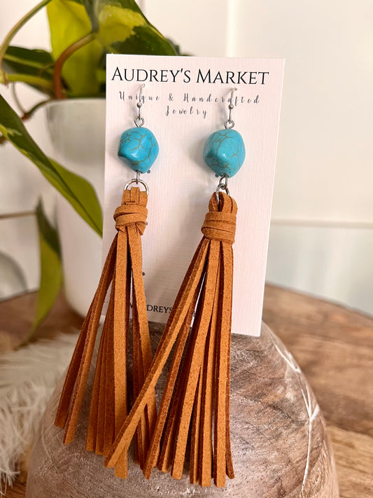 Long Brown Suede Tassel Earrings with Turquoise Stone