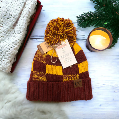 Checkered Colorblock C.C. Beanies With Pom